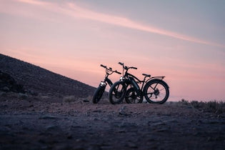  two electric bikes with sunset behind